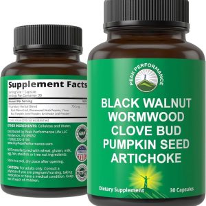 Peak Performance - Wormwood Black Walnut Clove Cleanse for  Humans. Elimination Detox + Intestinal Support Capsules Supplement  for Adults and Kids. Pills with Artichoke and Pumpkin Seed for  Additional Benefits