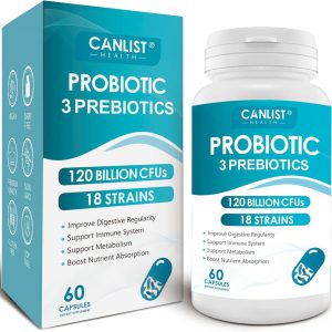 Canlist Health - Probiotics 120 Billion CFUs 18 Strains, 3 Prebiotics & Digestive Enzymes for Men & Women, Digestive & Immune Support, Shelf Stable Non-GMO 60 Capsules